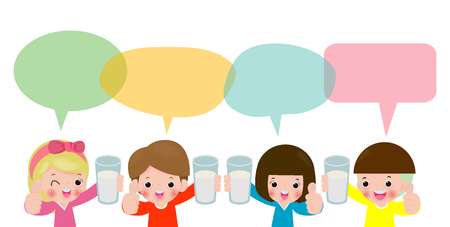 Cute kid holding glass of drinking milk with speech bubbles, Thumbs up. Healthy Concepts Vector Illustration Isolated on white background.のイラスト素材
