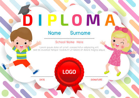 Certificates kindergarten and elementary, Preschool Kids Diploma certificate pattern design template, Diploma template for kindergarten students, Certificate of kids diplomaのイラスト素材