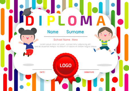 Certificates kindergarten and elementary, Preschool Kids Diploma certificate pattern design template, Diploma template for kindergarten students, Certificate of kids diplomaのイラスト素材