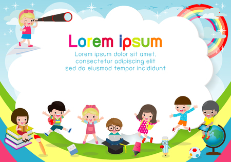 happy Children, Back to school,Template for advertising brochure. Ready for your message, Funny cartoon kid character. Vector illustrationのイラスト素材