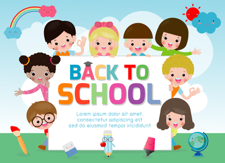 back to school, kids school, education concept, welcome back to school, Template for advertising brochure, your text,Kids and frame,child and frame,cartoon happy children Vector Illustrationのイラスト素材