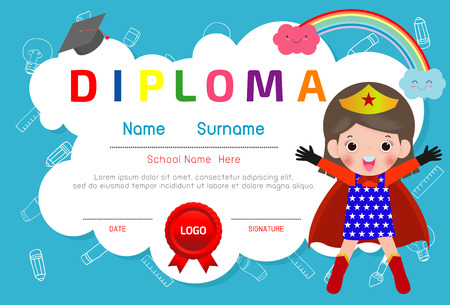 Certificates kindergarten and elementary, Preschool Kids Diploma certificate pattern design template, Diploma template for kindergarten students, Certificate of super hero kids diplomaのイラスト素材
