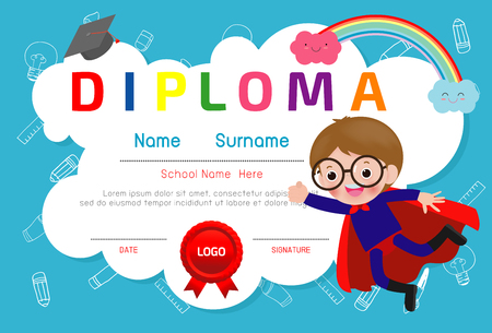 Certificates kindergarten and elementary, Preschool Kids Diploma certificate pattern design template, Diploma template for kindergarten students, Certificate of super hero kids diplomaのイラスト素材