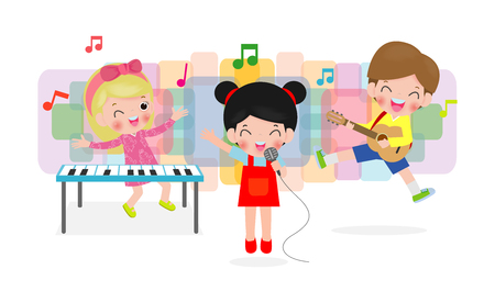 cute kids and music, children playing musical instruments  vector illustration isolated on white background.のイラスト素材