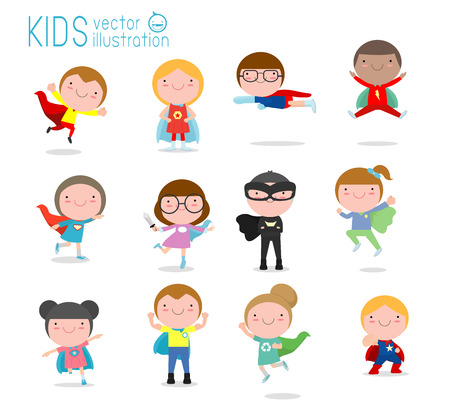 Cartoon big set of Kid Superheroes wearing comics costumes,Kids With Superhero Costumes set, kids in Superhero costume characters isolated on white background, Cute little Superhero Childrenのイラスト素材