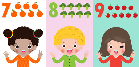 children hand showing the number Seven, eight, nine , kids showing numbers 7,8,9 by fingers. Education concept, Kids learning material vector illustration isolated on backgroundのイラスト素材