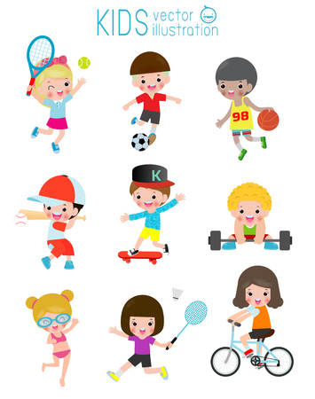 kids and sport, Kids playing various sports, Cartoon children sports football, Swimming, Baseball,tennis, Weight-lifting,badminton, basketball, bicycle, skateのイラスト素材