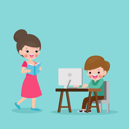 teacher and student boy learning computer. Preschool Children in a Computer Class isolated vector Illustrationのイラスト素材