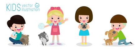 Happy children with a dog, set of kids and dog, boy and girl with puppy, cartoon style, isolated on white background vector illustrationのイラスト素材