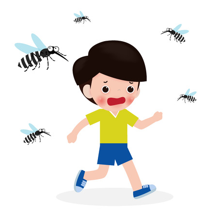 children running away running from a dengue mosquito, Zika virus ,malaria, yellow fever, Aedes Aegypti isolated on white backgroundのイラスト素材