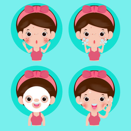 Beautiful girl show how to apply facial mask to treat acne. mask treatment for younger without wrinkles. isolated on white background vector illustrationのイラスト素材