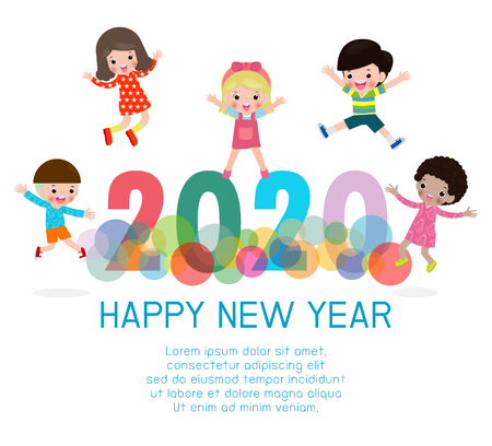 2020 Happy New Year design card with kids on background. happy children with Happy new year 2020, Colorful Vector Illustrationのイラスト素材