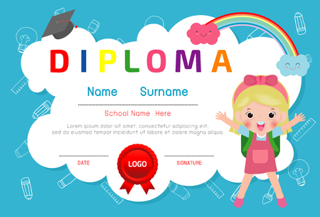 Certificate of kids diploma vector illustration, Certificates kindergarten and elementary, Preschool Kids Diploma certificate pattern design template, Diploma template for kindergarten studentsのイラスト素材