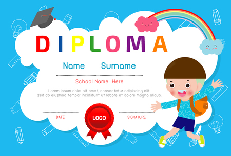 Certificate of kids diploma vector illustration, Certificates kindergarten and elementary, Preschool Kids Diploma certificate pattern design template, Diploma template for kindergarten studentsのイラスト素材