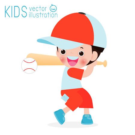 kid playing Baseball on isolated on white background, children and sport Vector Illustrationのイラスト素材