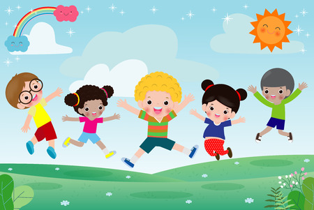 Group of happy children jumping on summer meadow, kid jump together Template for advertising brochure.のイラスト素材