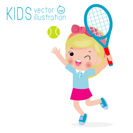 Vector Illustration Of Kids Playing Tennis isolated on white backgroundのイラスト素材