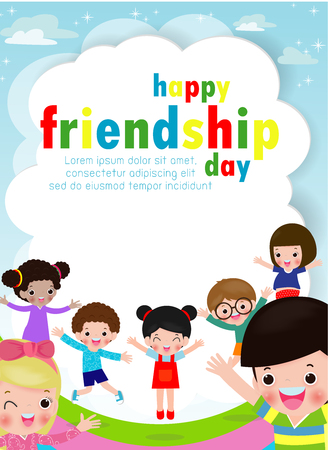 Happy friendship day greeting card with diverse friend group of kids background poster Template for advertising brochure Vector illustrationのイラスト素材