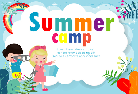 kids summer camp education Template for advertising brochure, children doing activities on camping , poster flyer template, your text ,Vector Illustrationのイラスト素材