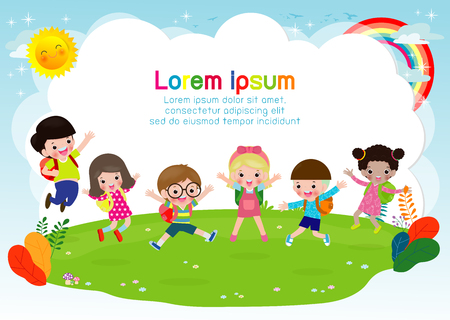 Group of children jumping, back to school, kids school, education concept, Kids go to school, Template for advertising brochure, your text,Kids and frame,child and frame,Vector Illustrationのイラスト素材