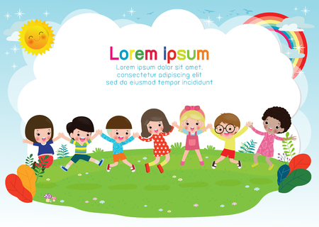 Group of happy kids playing together, Children Holding hands and jumping on a meadow. summertime Template for advertising brochure.your text, child and frame,Vector Illustrationのイラスト素材