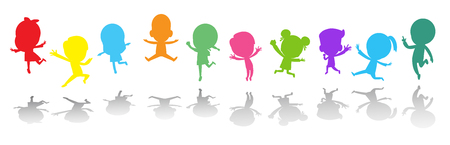 Cute kids playing jumping colorful ,Child silhouettes dancing, children silhouettes jumping on white background Vector illustrationのイラスト素材