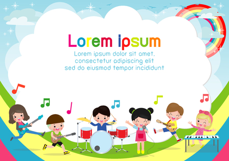 group of children playing musical instruments, Cartoon dancing kids,Template for advertising brochure, poster your text,Kids and frame,Vector Illustrationのイラスト素材