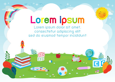 back to school, education concept, school supplies on the grass, Template for advertising brochure, your text,Kids and frame,child and frame,Vector Illustration,のイラスト素材