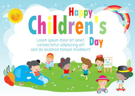 Happy children's day background poster with happy kids playing in playground  vector illustrationのイラスト素材