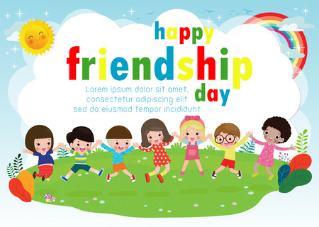 Happy friendship day greeting card with diverse friend group of Children Holding hands and jumping on a meadow for special event celebration background poster Template for advertising brochure Vectorのイラスト素材