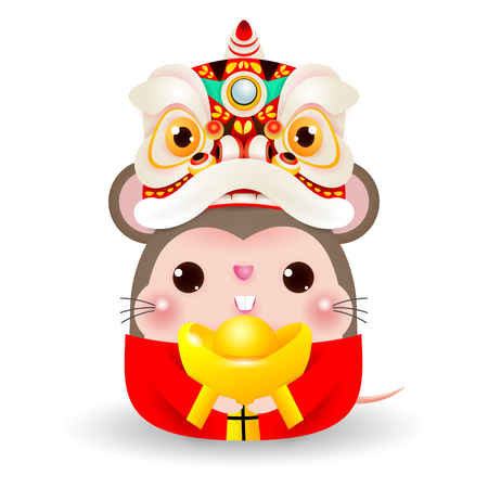 Little rat with Lion Dance Head holding Chinese gold, Happy Chinese new year 2020 year of the rat zodiac, Cartoon vector illustration isolated on white background.のイラスト素材