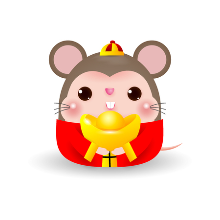 Little rat with holding Chinese gold, Happy Chinese new year 2020 year of the rat zodiac, Cartoon vector illustration isolated on white background.のイラスト素材