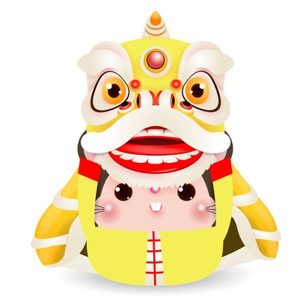 Little rat performs Lion Dance, Happy Chinese new year 2020 year of the rat zodiac, Cartoon vector illustration isolated on white background.のイラスト素材