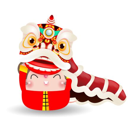 Little rat performs Lion Dance, Happy Chinese new year 2020 year of the rat zodiac, Cartoon vector illustration isolated on white background.のイラスト素材