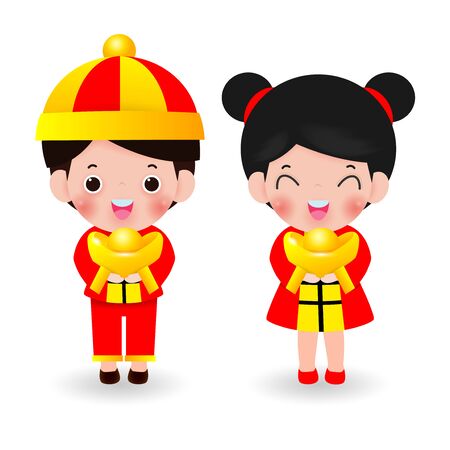 children with holding Chinese gold, Happy Chinese new year 2020, kids Cartoon vector illustration isolated on white background.のイラスト素材