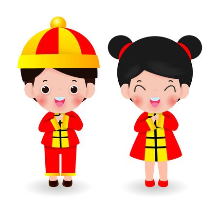 children blessing the Happy Chinese new year 2020, Cartoon kids vector illustration isolated on white background.のイラスト素材