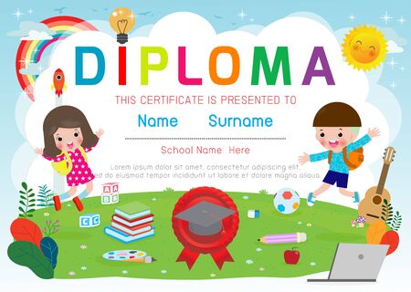 Certificates kindergarten and elementary, Preschool Kids Diploma certificate pattern design template, Diploma template for kindergarten students, Certificate of kids diplomaのイラスト素材
