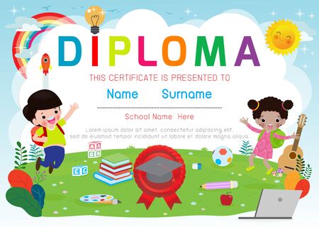 Certificates kindergarten and elementary, Preschool Kids Diploma certificate pattern design template, Diploma template for kindergarten students, Certificate of kids diplomaのイラスト素材