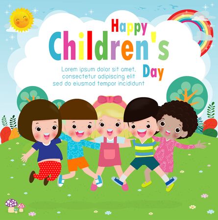 Happy children day greeting card with diverse friend group of kid jumping and hugging together for special event celebration background poster Template for advertising brochure Vector illustrationのイラスト素材