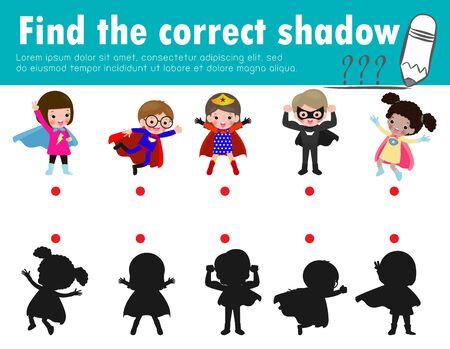 Cute little superhero kids ,Find the correct shadow. Educational game for children, Shadow Matching Game for kids, Visual game for kid. Connect the dots picture, Education Vector Illustration.のイラスト素材