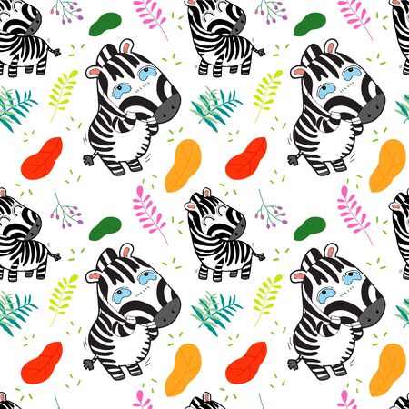 seamless pattern with cute zebras elements on striped background cartoon for kid wrapping paper, Creative kids style texture for fabric, clothes and wallpaper vector illustrationのイラスト素材