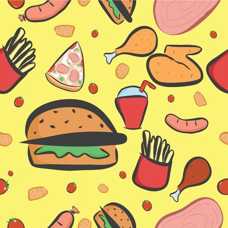 seamless pattern with Fast food elements on striped background cartoon for kid wrapping paper, Creative kids style texture for fabric, clothes and wallpaper vector illustrationのイラスト素材