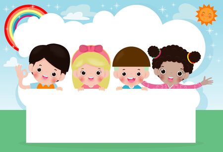 kids peeping behind placard, happy children, Cute little kids on white background,Vector Illustrationのイラスト素材