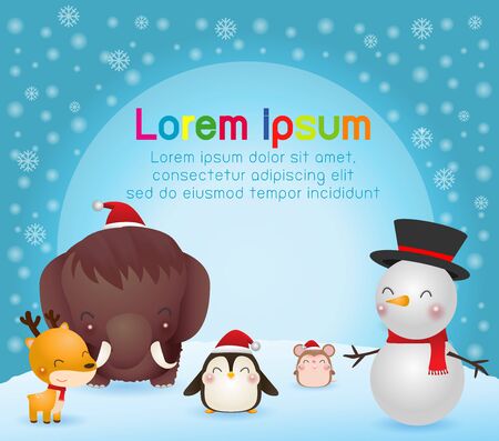 Merry Christmas and Happy New Year. Christmas Cute Animals Character. mammoth, Penguin, Reindeer, rat, Snowman, Winter landscape. Template for advertising brochure, your text, vector Illustrationのイラスト素材