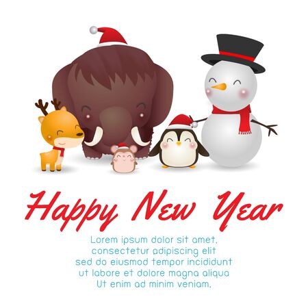 Merry Christmas and Happy New Year. Christmas Cute Animals Character. mammoth, Penguin, Reindeer, rat, Snowman, Winter landscape. Template for advertising brochure, your text, vector Illustrationのイラスト素材