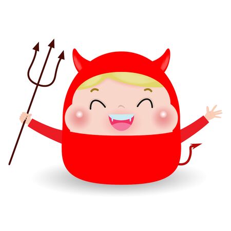 Cute little Red Devil Demon. boy kid in Halloween costume isolated on white background. Halloween Kid Costume Party Vector illustration.のイラスト素材