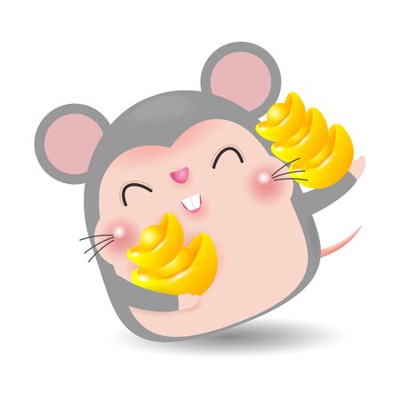 Little rat with holding Chinese gold, Happy Chinese new year 2020 year of the rat zodiac, Cartoon vector illustration isolated on white background.のイラスト素材