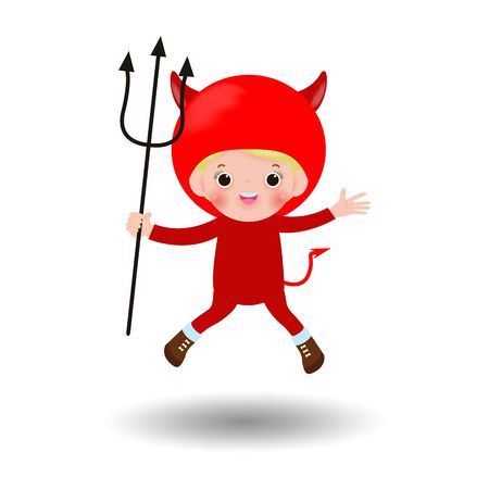 Happy Halloween. Cute little Red Devil Demon, children in Halloween costume isolated on white background. Kid Costume Party Vector illustration.のイラスト素材