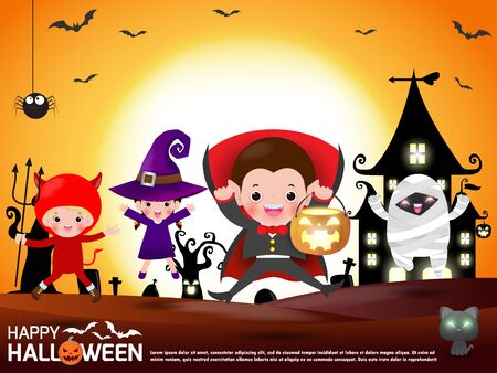 Happy Halloween. Group of child in Halloween costume jumping. Template for advertising brochure. Happy Halloween party poster and theme design background Vector Illustrationのイラスト素材