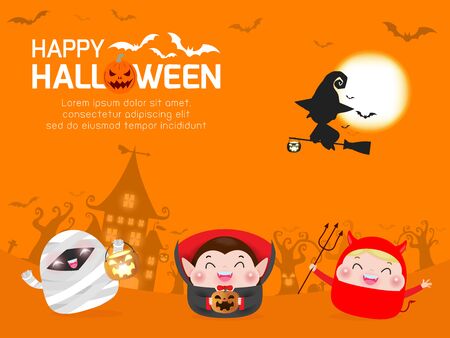 Happy Halloween. Group of kids in halloween costume Template for advertising brochure. Happy Halloween party poster and theme design background Vector Illustrationのイラスト素材